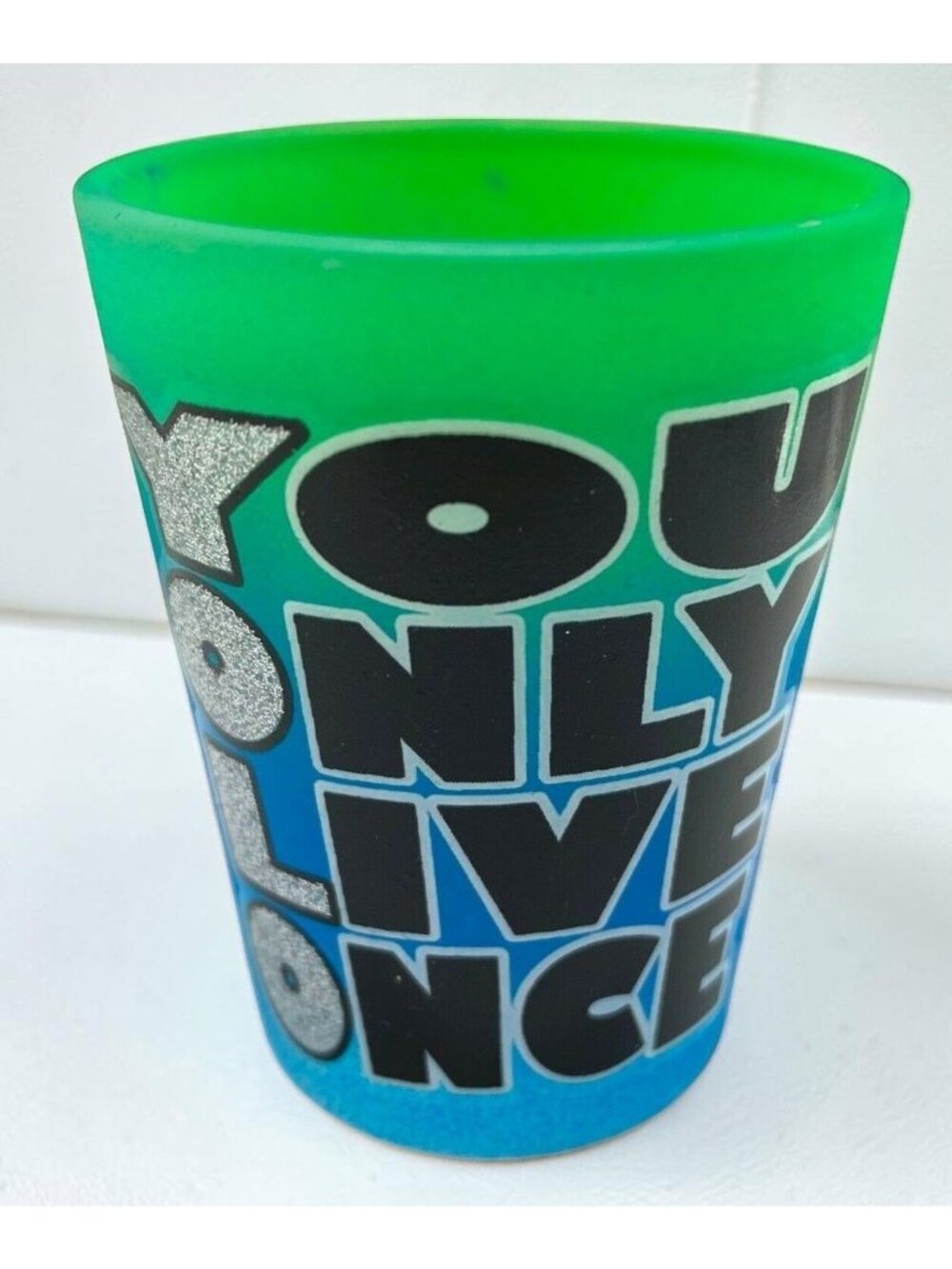 YOLO Shot Glass Orange Beach AL Gradient Blue Green Vintage Travel Souvenir